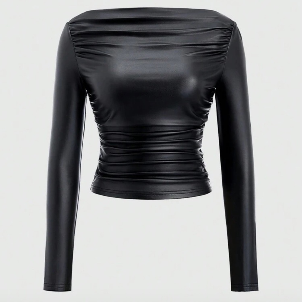 Sweetra Women's Form-Fitting Off Shoulder PU Leather Long Sleeve